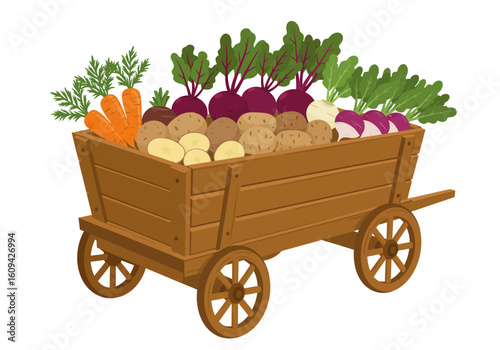 A wooden cart is filled with an assortment of freshly harvested vegetables