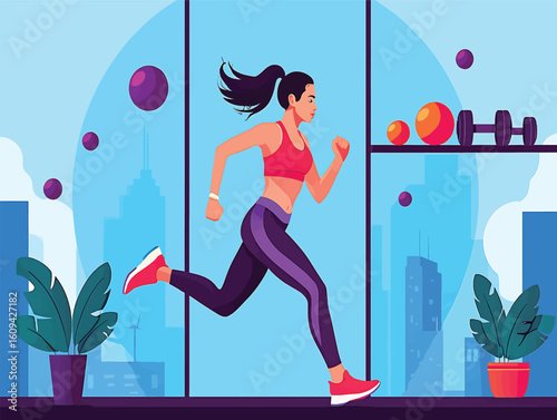 Fitness concept with a woman jogging in a modern gym. Vector graphic.