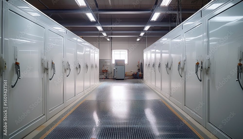 Obraz premium painting booth in a white goods factory where refrigerator doors are being spray painted with a glossy white finish