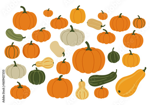 Assortment of pumpkins and squash of various colors shapes and sizes scattered on a white background