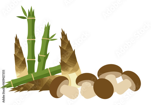 Bamboo shoots  mushrooms green bamboo stalks  brown mushrooms clustered on a white background