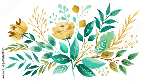 Vector art of a vibrant watercolor arrangement showcasing lush green and golden leaves and soft yellow roses in a beautiful botanical design