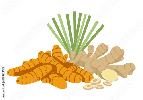 Depicts ginger turmeric and lemongrass yellow roots  light green stalks