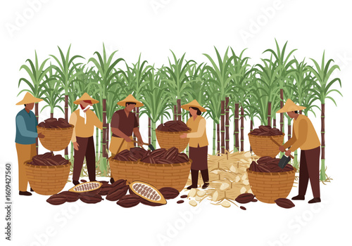 Farmers harvesting cocoa in a field cocoa pods and sugar cane are visible
