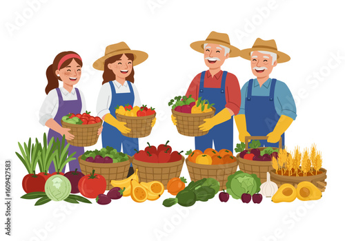 Farmers display harvested crops including tomatoes lettuce carrots apples and wheat in baskets