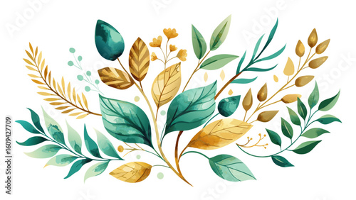 Vector art of a vibrant watercolor illustration of lush green and golden leaves and delicate teal flowers