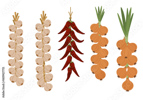 Five hanging bunches of garlic peppers and onions
