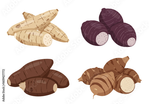 Four piles of differentcolored taro root vegetables white purple dark brown and light brown
