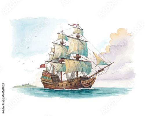 watercolor A Frigate ship vector illustration isolated on white background