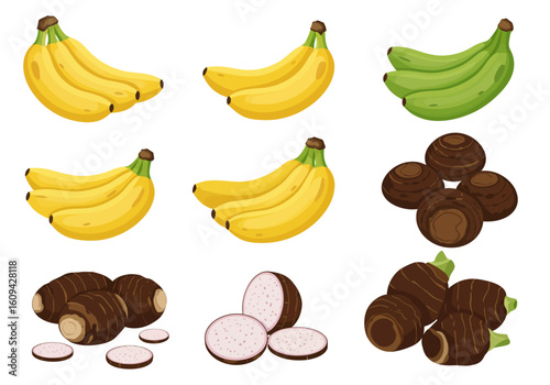 Image shows three bunches each of bananas taro root and sliced taro root in an organized arrangement