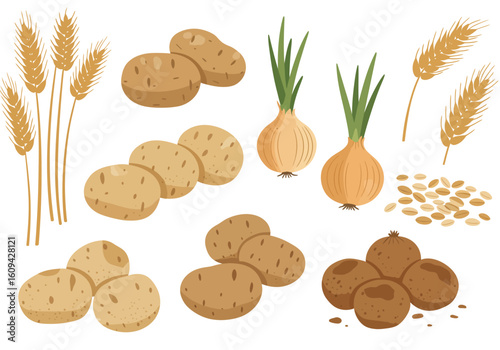 Image shows potatoes onions wheat stalks grains and brown root vegetables