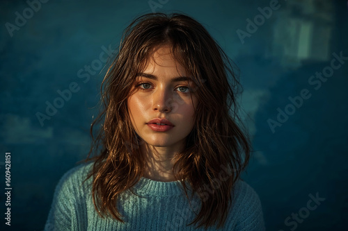 Portrait of a young woman with wet hair and a sweater against a blue background,A captivating studio portrait of a young woman, illuminated against a textured blue backdrop