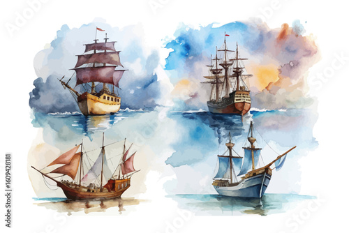 set of watercolor  Frigate ship vector illustration isolated on white background