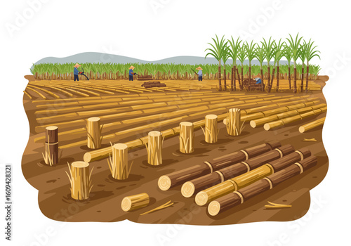 Sugarcane stalks cut lie on a field Workers harvest