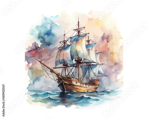 watercolor A Frigate ship vector illustration isolated on white background