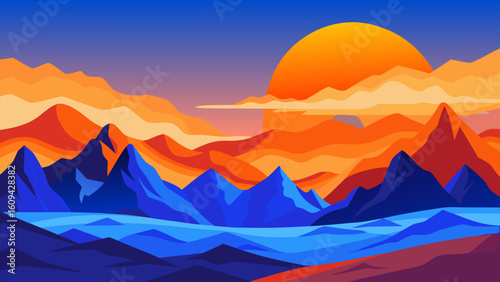 Vector art of a dramatic mountain vista under a fiery sunset sky with a calm body of water
