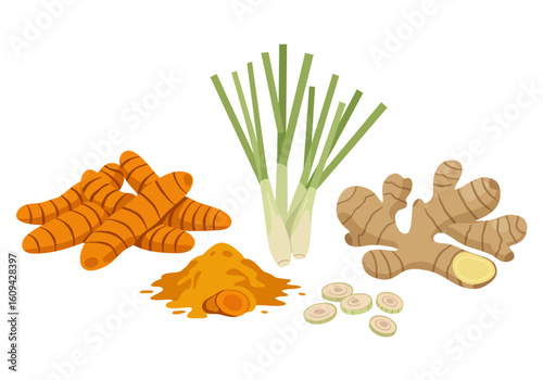 Turmeric roots lemongrass stalks ginger and spice mound with sliced crosssections on a white background