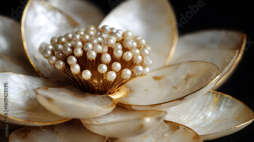 Close-up of an exquisite floral sculpture crafted from pearls and mother-of-pearl