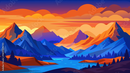 Vector art of dramatic mountain vista with a colorful sky during twilight