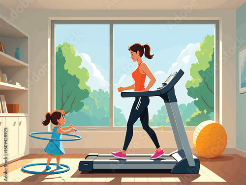 Mother and daughter exercising at home, woman running on a treadmill vector illustration