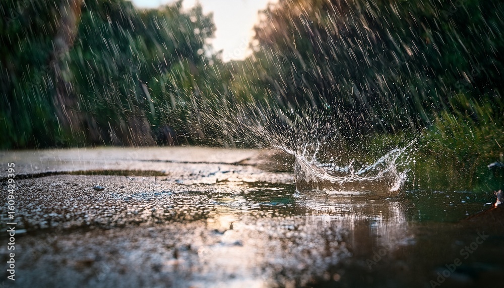 Fototapeta premium heavy rainstorm water splashing on ground rich jewel tones humorous timeless adventure