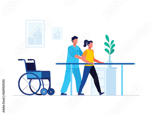 Healthcare professional assisting a patient with walking rehabilitation using parallel bars vector.
