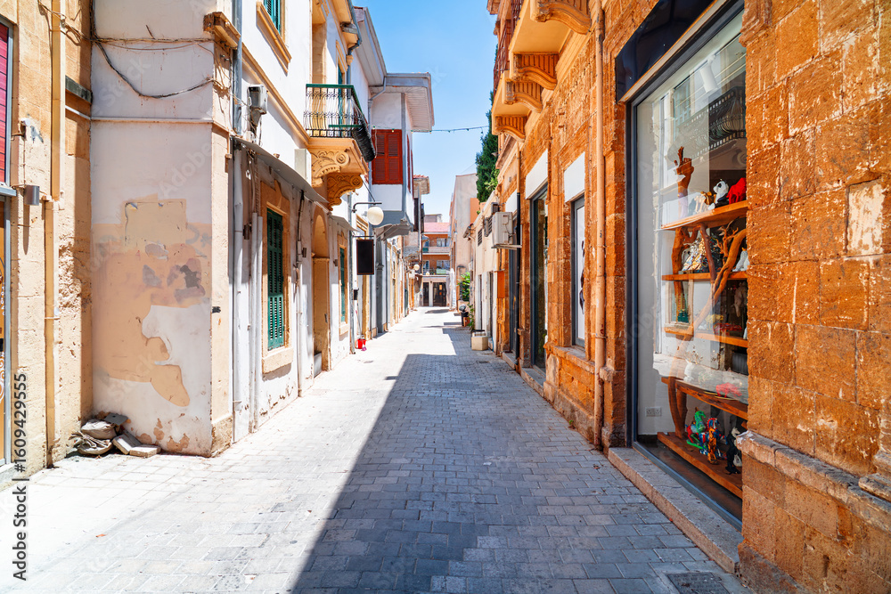 Fototapeta premium Street with colorful buildings, Nicosia, the capital of Cyprus.