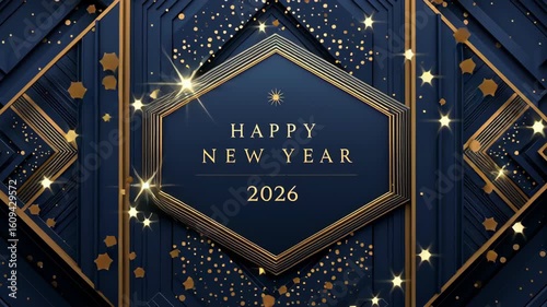 Elegant dark blue and gold Happy New Year 2026 card animation with geometric hexagon frame, perfect for luxury brand greetings, digital banners, and festive intros, 4K, motion.