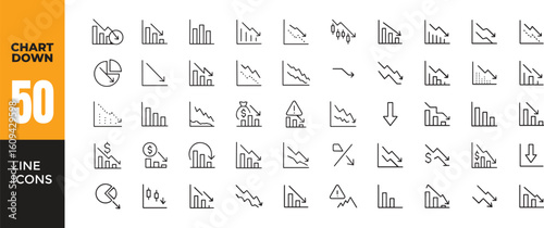 50 Chart Down And Declining Chart Line Icons. Financial Loss, Business Downtrend, Negative Graph Vector Set
