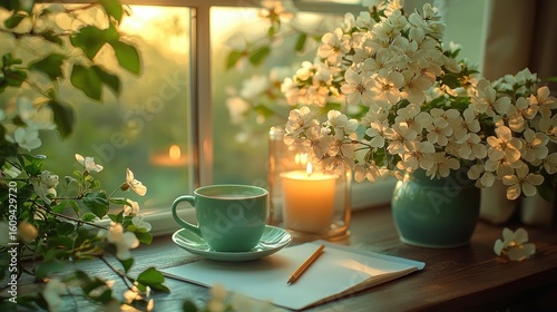 Wallpaper Mural Floral window scene with mug and candle glow Torontodigital.ca