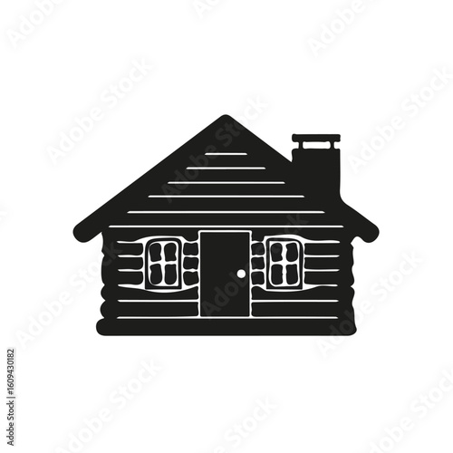 Minimalistic 2D flat icon featuring log cabin, clean vector design, simple illustration style, isolated on a white background, modern element in vector and EPS format. simple design set