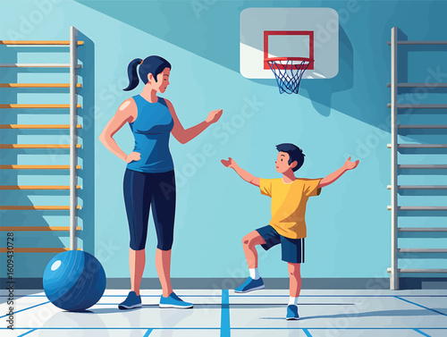 Female trainer helping a young boy with physical exercises in a school gym vector illustration.