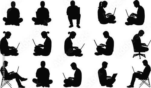 People working on laptops silhouettes, remote work vector bundle, freelancer computer icon set, sitting posture collection, digital nomad clipart pack