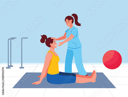 Physiotherapist assisting female patient with neck exercises in a rehabilitation center vector