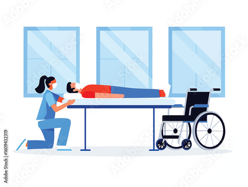 Vector illustration of a medical professional attending to a patient on a gurney with a wheelchair nearby