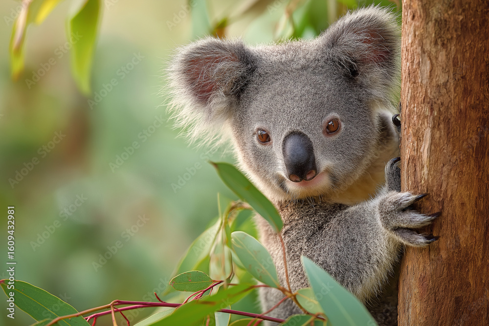 Obraz premium Koala clinging to eucalyptus tree