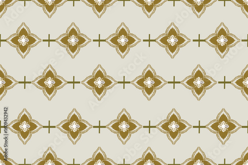 seamless gold pattern,  geometric pattern composed of diamond-shaped floral motifs arranged in a grid layout. The motifs are rendered in earthy brown and beige tones with symmetrical petal-like.