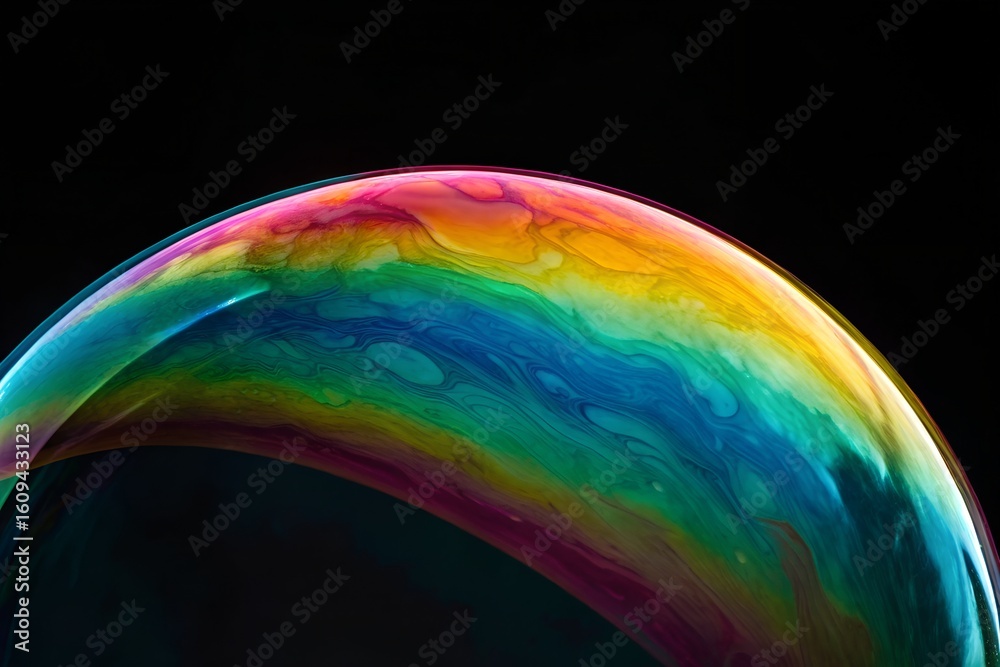 Obraz premium Rainbow Soap Bubble Macro – Iridescent Film Reflections on Black