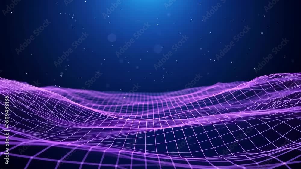 Abstract purple and blue futuristic fractal technology wave design with glowing lines and stars