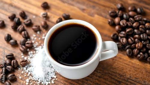 Cuban coffee in a small white cup, sugar granules and espresso beans scattered on a wood table, vibrant background