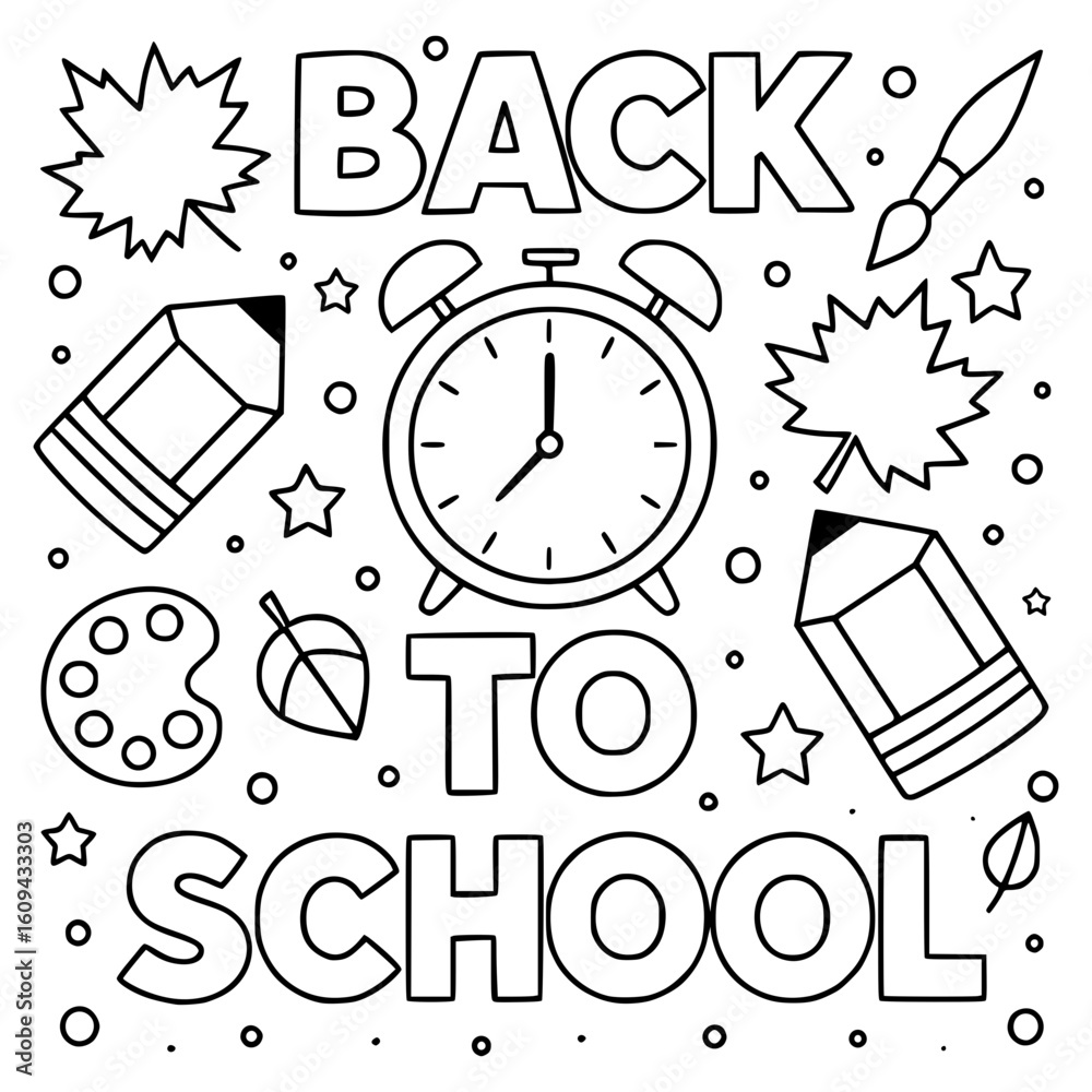 Fototapeta premium Back to School Illustration – Black and White Clipart with Clock and School Supplies