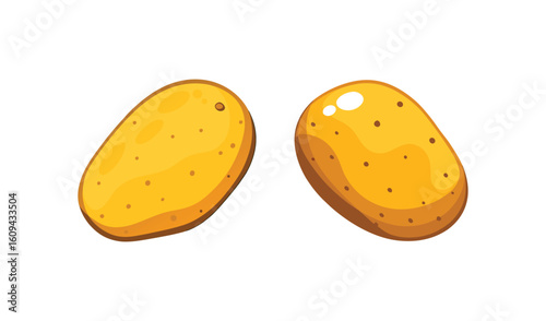 Two whole potatoes with textured skin and yellow flesh on a white background
