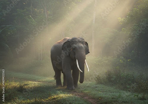 Majestic Asian Elephant Walking Through Misty Forest Sunbeams