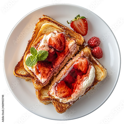 French Toast with Strawberries, Cream, and Mint on a White Plate