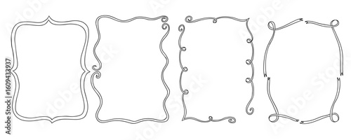 Set of hand drawn doodle frames with curly and ribbon elements in black outline on white background. Concept of decorative border design, whimsical frame template and creative vintage ornament