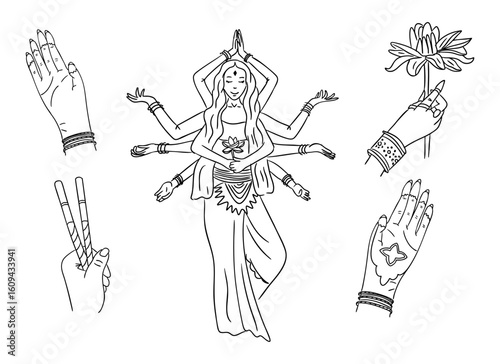 Hand drawn vector illustration of Indian goddess with multiple arms and symbolic hand gestures holding lotus and dandiya sticks. Concept of Navratri celebration, divine feminine energy, spirituality