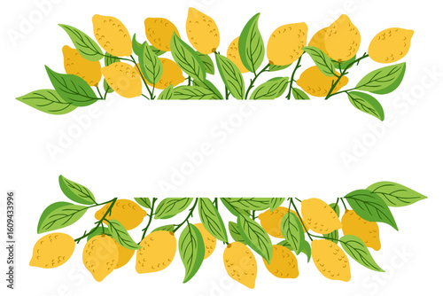 Hand drawn vector banner with vibrant yellow lemons and lush green leaves arranged in top and bottom borders. Concept of fresh citrus fruit, organic summer decoration and natural frame design
