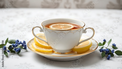 Earl Grey tea in a fine china cup with steam rising and lemon slices on a saucer, Victorian-style setting