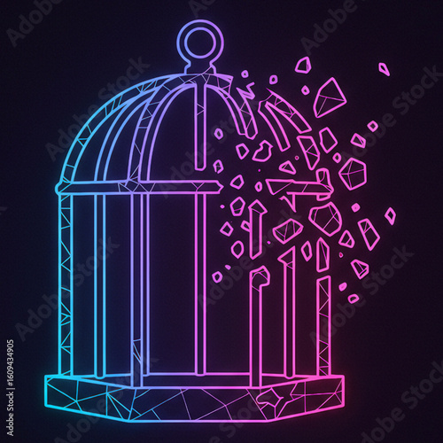 Vector neon birdcage breaking into glowing fragments