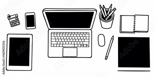 Overhead view of a desk with a laptop, tablet, phone, calendar, and office supplies in black and white